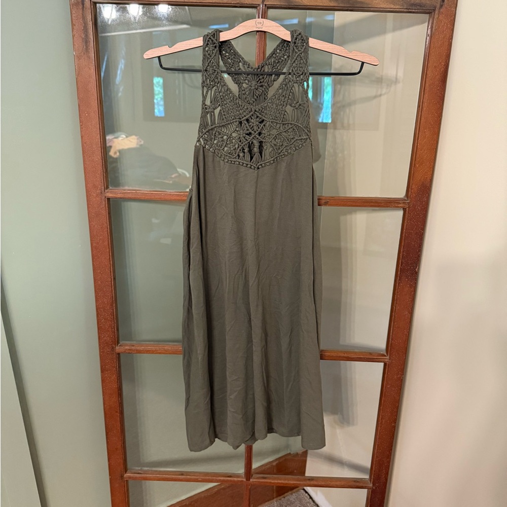 Billabong Olive Green Sleeveless Boho Crochet Mini Dress Sundress - Size Small